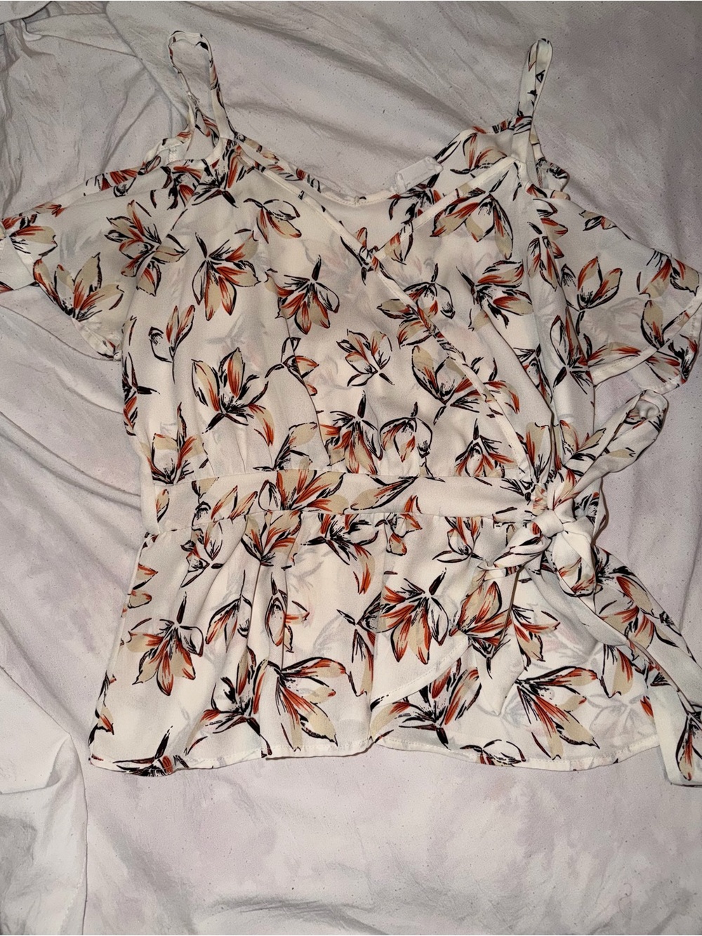 Sienna Sky Floral Cold Shoulder Wrap Tie Blouse White Large